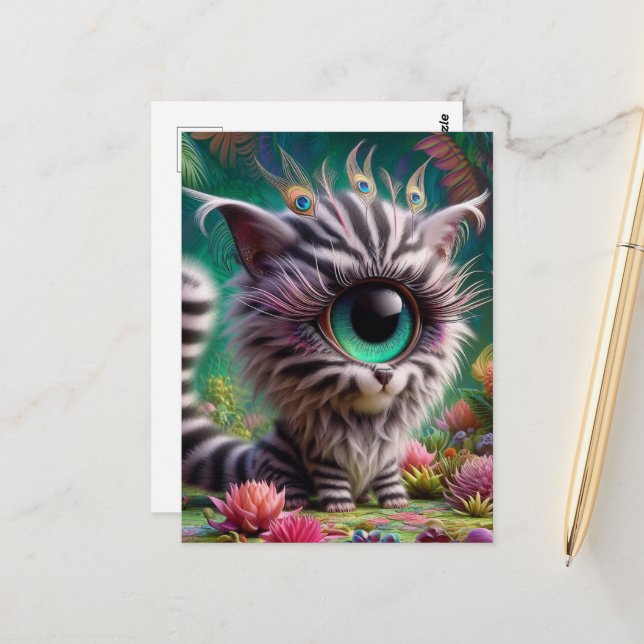 Surreal One Eyed Zebra Kitty Peacock Eyelashes Postcard (Front/Back In Situ)