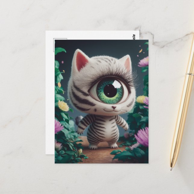 Surreal One Eyed Zebra Kitty Postcard (Front/Back In Situ)