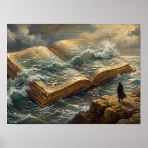 Surreal Open Book Ocean Painting Poster