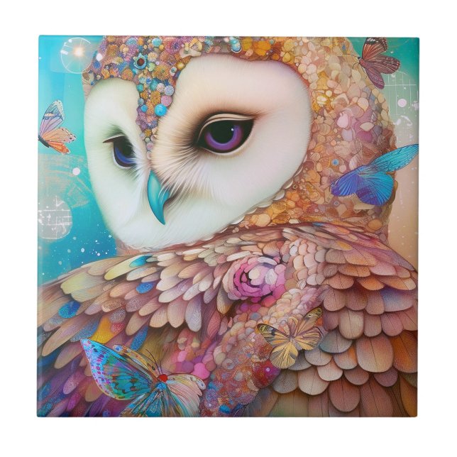 Surreal Owl Fantasy Art Ceramic Tile (Front)
