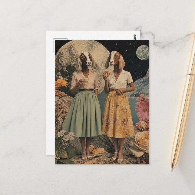Surreal pair of goat ladies breakfast collage postcard (Front/Back In Situ)