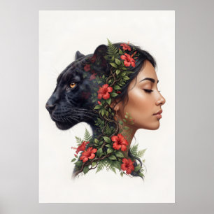 Surreal Panther Woman with Red Hibiscus Floral Art Poster