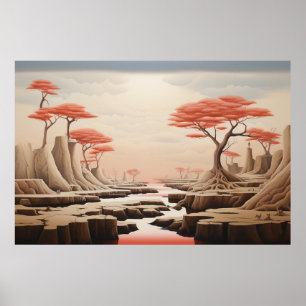 Surreal Pastel Fantasy Landscape Dreamlike Red Poster