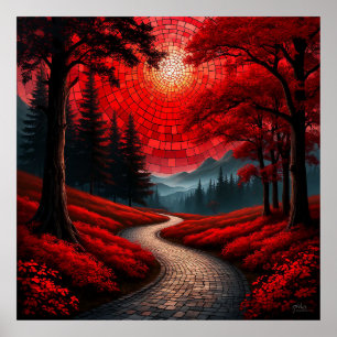 Surreal Pathway Through Vibrant Red Forest Poster