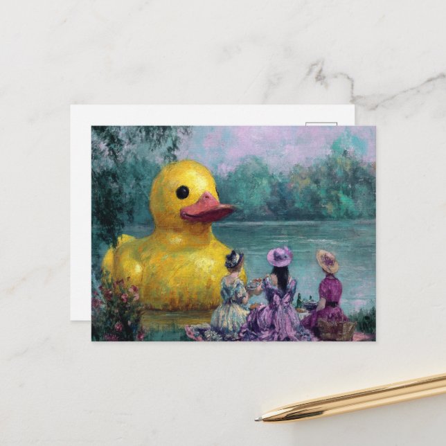 Surreal Picnic With a Giant Duck Postcard (Front/Back In Situ)
