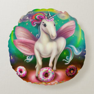 Surreal Pink Doughnuts Unicorn Round Cushion