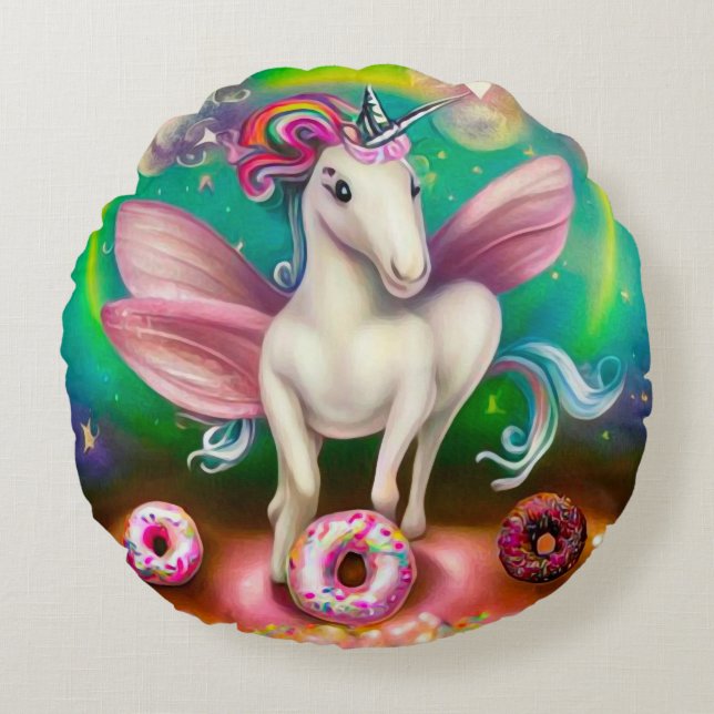 Surreal Pink Doughnuts Unicorn Round Cushion (Front)