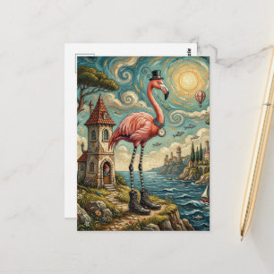 Surreal Pink Flamingo in Boots at the Beach Postcard