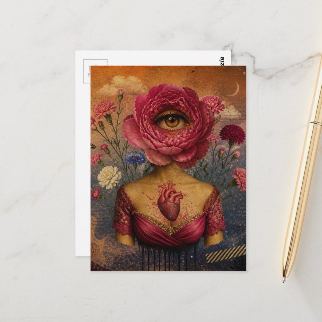 Surreal Pink Flower Lady collage Postcard (Front/Back In Situ)