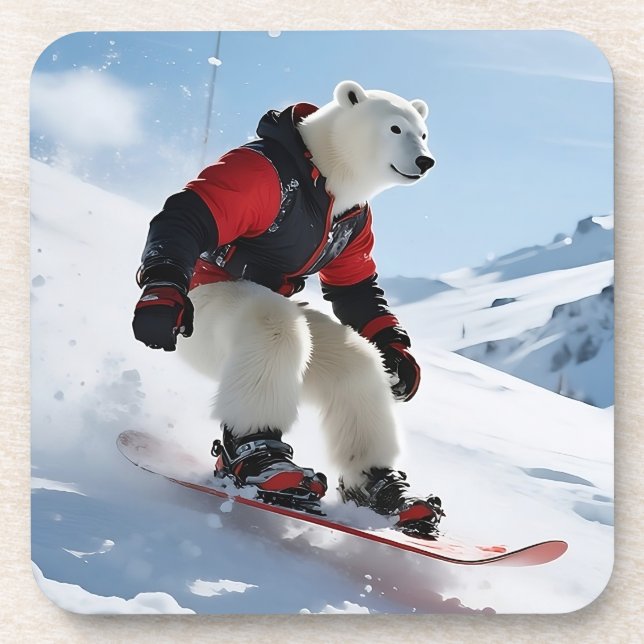 Surreal Polar Bear Snowboarding in Red Ski Jacket  Coaster (Front)