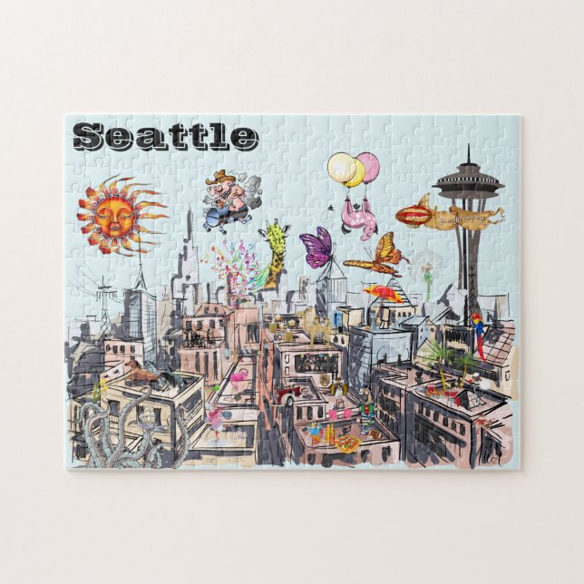 Surreal Pop Art Busy City of Seattle Jigsaw Puzzle (Horizontal)