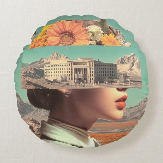 Surreal Portrait with Architectural Landscape Round Cushion (Front)