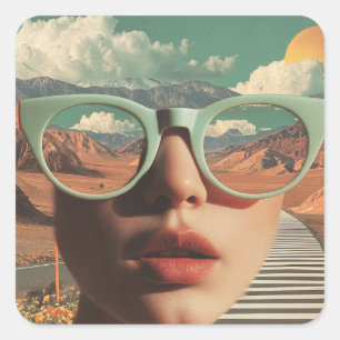 Surreal Portrait With Glasses Reflecting Desert Square Sticker