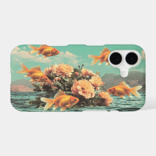 Surreal Portrait With Goldfish Flowers And Ocean