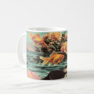 Surreal Portrait With Goldfish Flowers And Ocean Coffee Mug