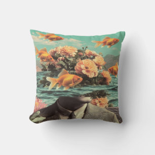 Surreal Portrait With Goldfish Flowers And Ocean Cushion