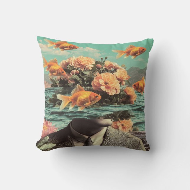 Surreal Portrait With Goldfish Flowers And Ocean Cushion (Front)