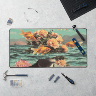 Surreal Portrait With Goldfish Flowers And Ocean Desk Mat