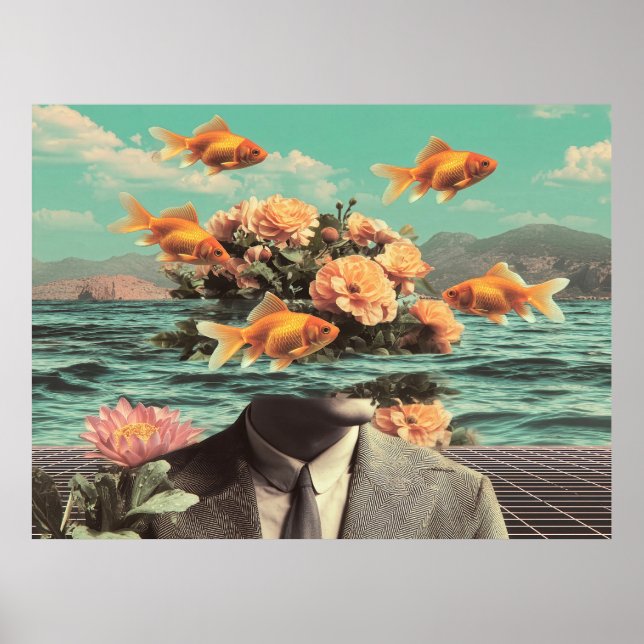 Surreal Portrait With Goldfish Flowers And Ocean Poster (Front)