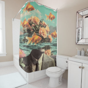 Surreal Portrait With Goldfish Flowers And Ocean Shower Curtain