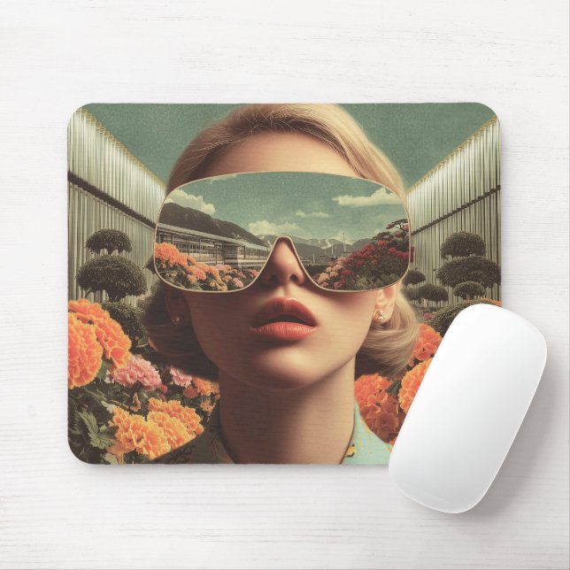 Surreal Portrait With Sunglasses Reflecting Flower Mouse Pad (With Mouse)