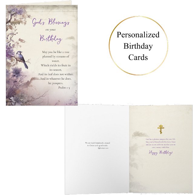 Surreal Purple Flowers Tree with Bird Birthday     Card (Creator Uploaded)