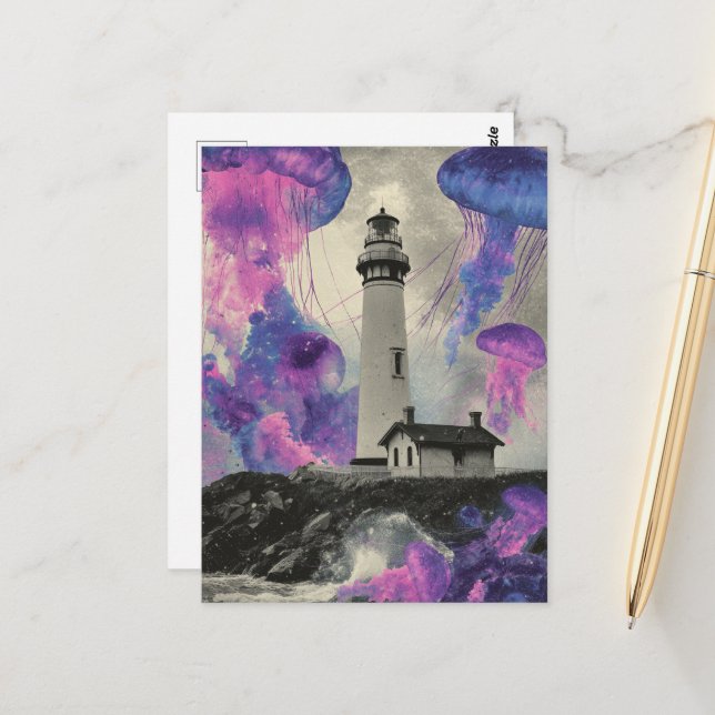 Surreal Purple Jellyfish at the Lighthouse Postcard (Front/Back In Situ)