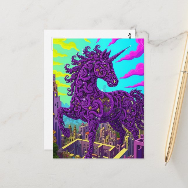 Surreal purple unicorn  postcard (Front/Back In Situ)