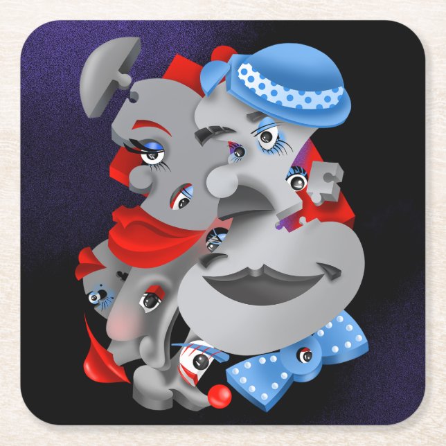 Surreal Puzzle Faces Square Paper Coaster (Front)