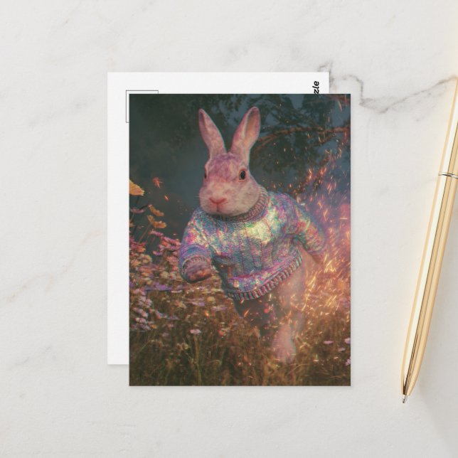Surreal Rabbit in a Sweater Running Postcard (Front/Back In Situ)