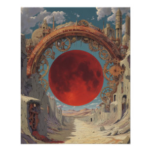 Surreal Red Moon Portal Fantasy Artwork Poster