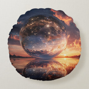 Surreal Reflective Sphere Containing Stars Round Cushion