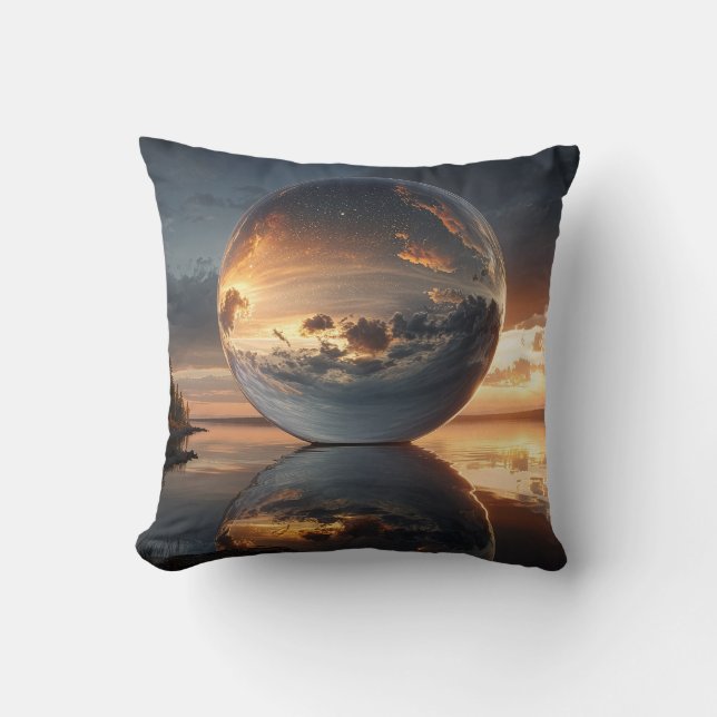 Surreal Reflective Sphere With Sunset Clouds Over  Cushion (Front)