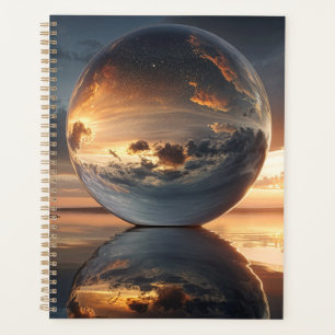 Surreal Reflective Sphere With Sunset Clouds Over Planner