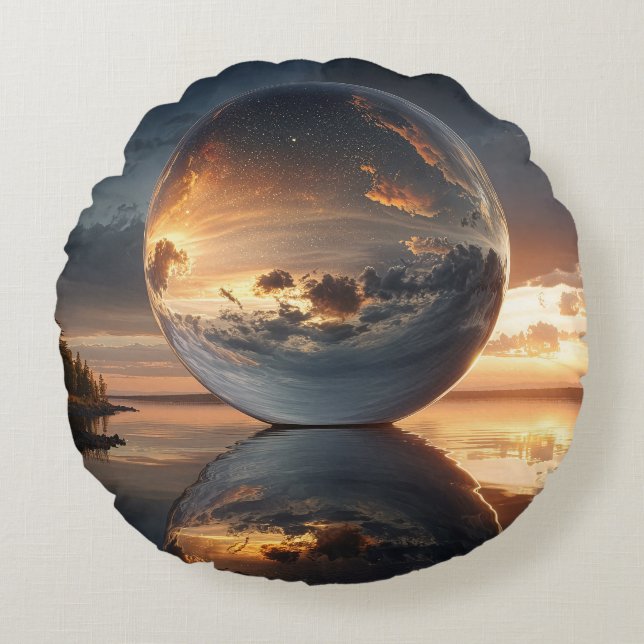 Surreal Reflective Sphere With Sunset Clouds Over  Round Cushion (Front)