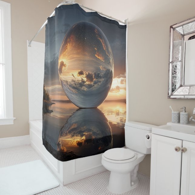Surreal Reflective Sphere With Sunset Clouds Over  Shower Curtain (In Situ)
