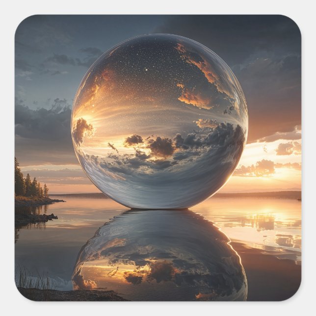 Surreal Reflective Sphere With Sunset Clouds Over  Square Sticker (Front)