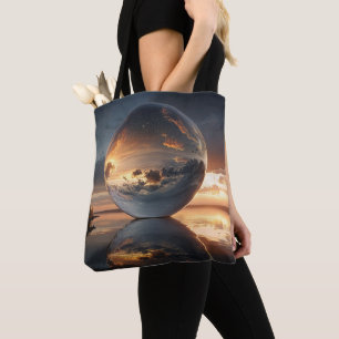 Surreal Reflective Sphere With Sunset Clouds Over Tote Bag