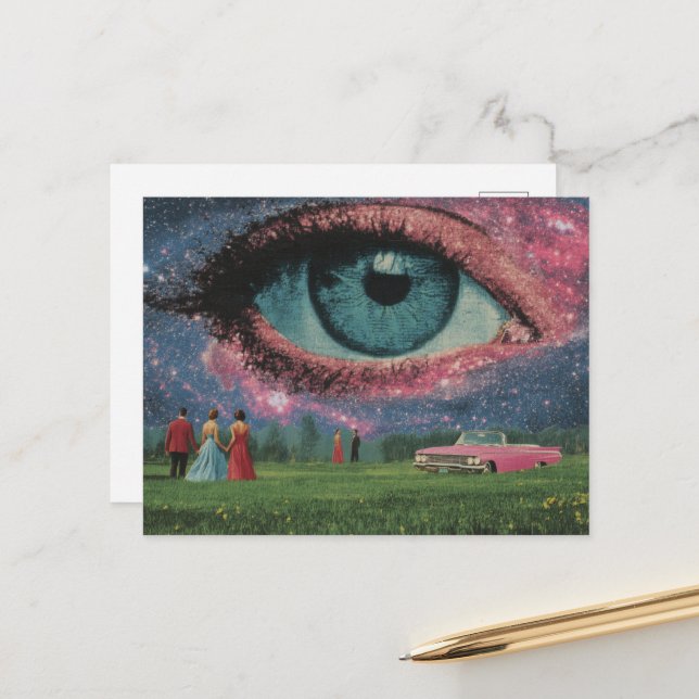 Surreal Retro People and Car with an Eye in Sky Postcard (Front/Back In Situ)