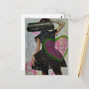 Surreal Retro Radio Alarm Clock Woman Collage Postcard
