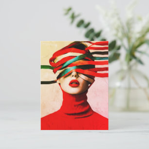 Surreal Ribbon Modern Minimalist Woman in Red Postcard