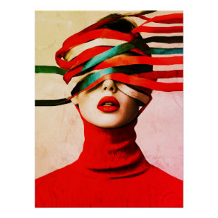 Surreal Ribbon Modern Minimalist Woman in Red Poster