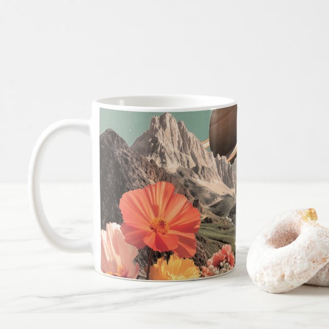 Surreal Saturn Over Mountain Valley Coffee Mug (With Donut)