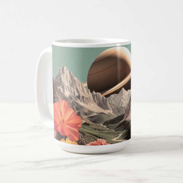 Surreal Saturn Over Mountain Valley Coffee Mug (Front Left)