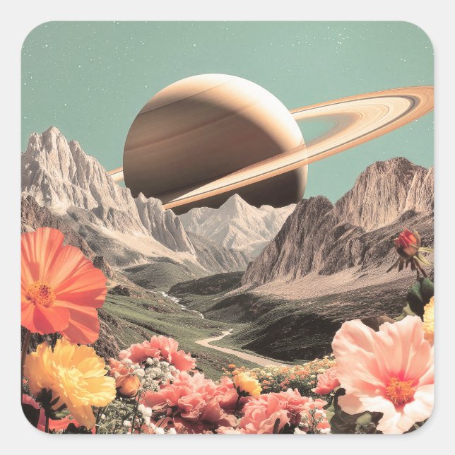 Surreal Saturn Over Mountain Valley Square Sticker (Front)