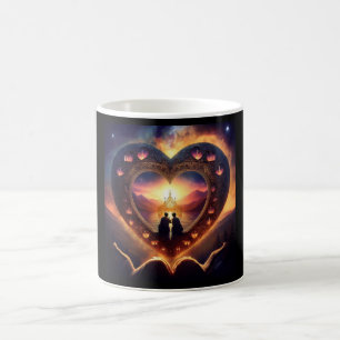 Surreal Scene With Loving Couple Resting On Heart Coffee Mug