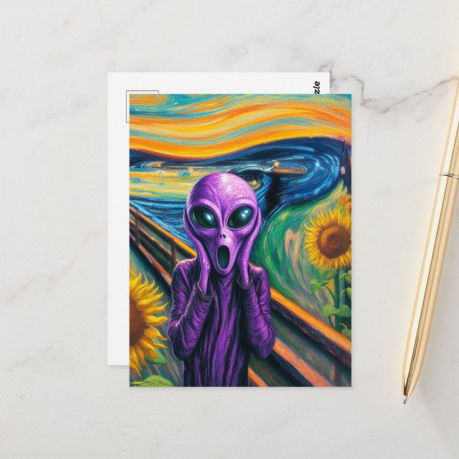 Surreal Screaming Purple Alien Postcard (Front/Back In Situ)