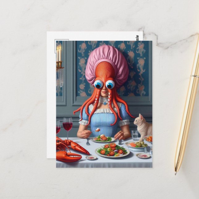 Surreal Seafood Meal Octopus Woman Postcard (Front/Back In Situ)