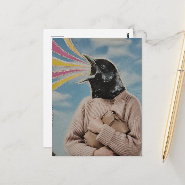 Surreal Singing Blackbird Collage Postcard (Front/Back In Situ)
