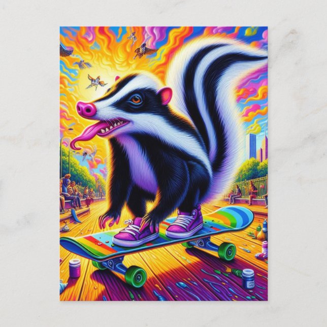 Surreal Skateboarding Skunk Postcard (Front)